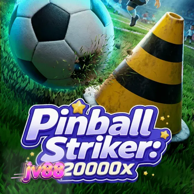 Tampilan antarmuka permainan slot Pinball Striker 20,000x dengan tema stadion sepak bola neon